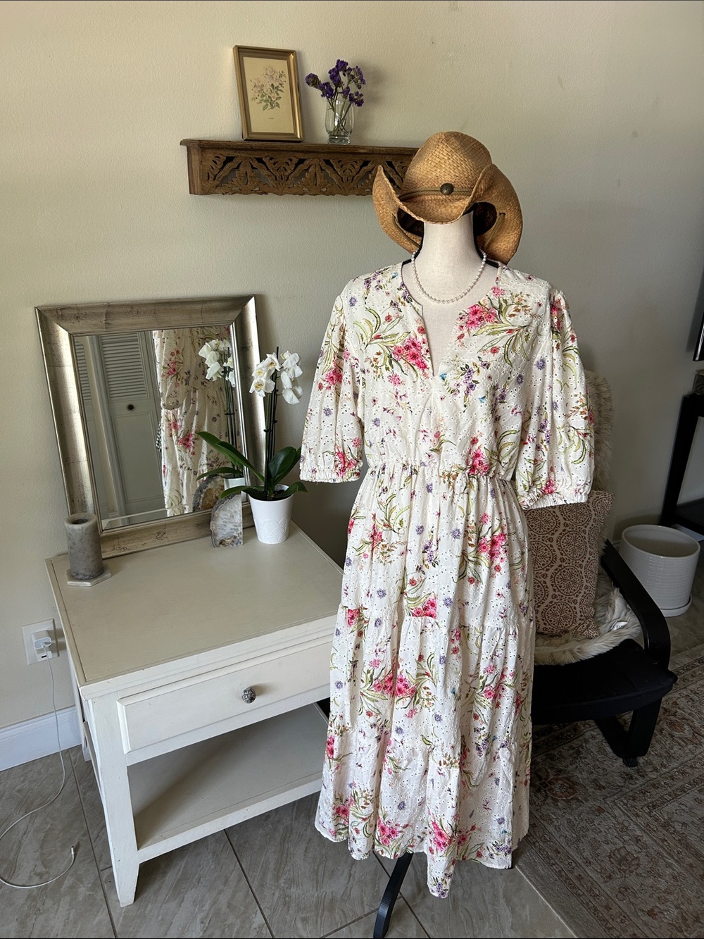 Tolani cream eyelet 100% cotton cottage floral tiered puff sleeve maxi dress XL